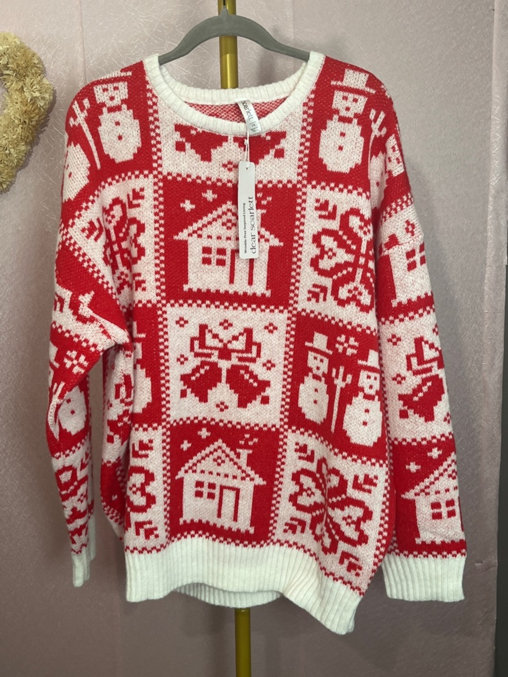 Scarlett Red and White Holiday Fair Isle Crewneck Sweater